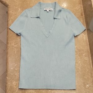 DKNY Light Turquoise Flat Ribbed Short Sleeve Top, M